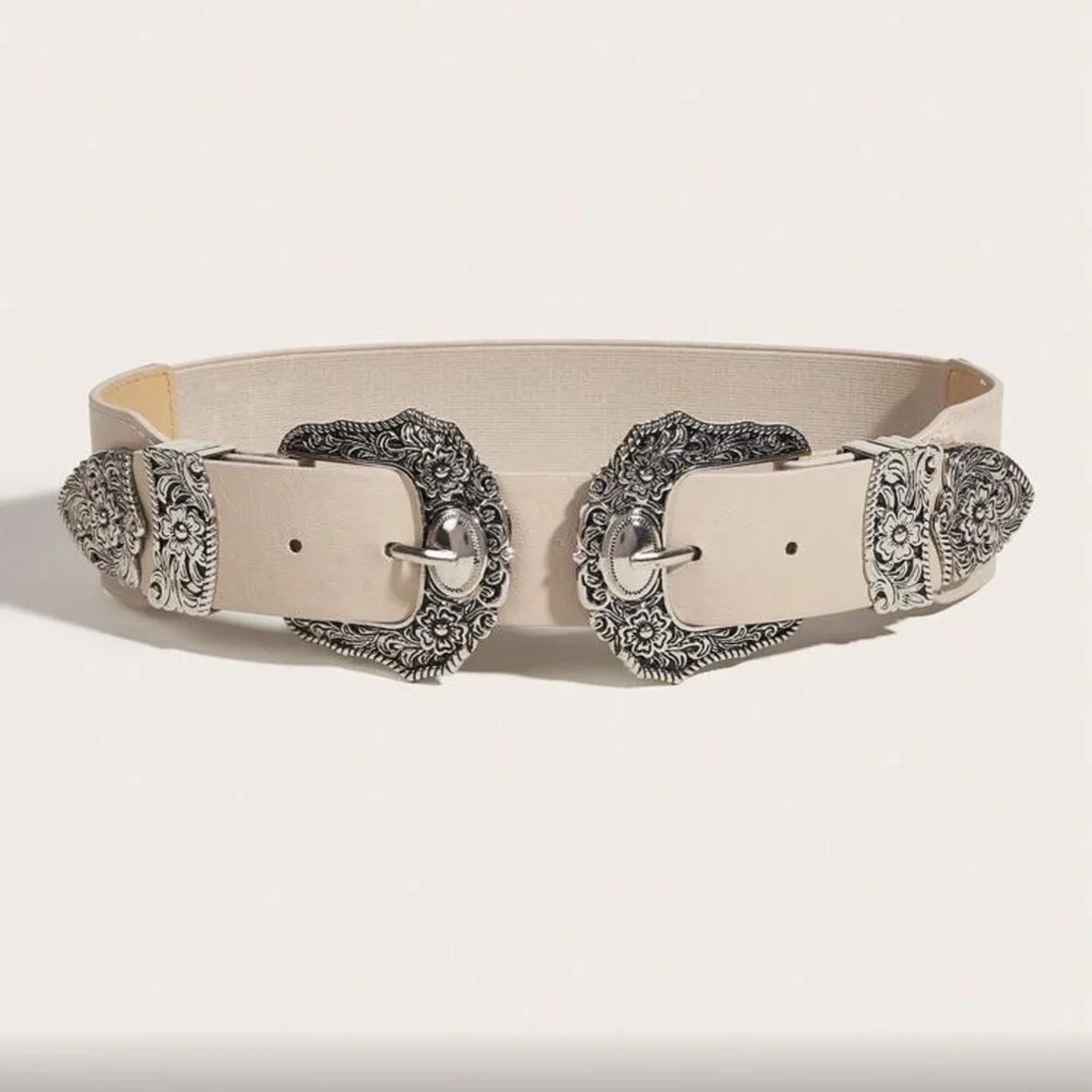 Elegant Cream Belt with Silver Buckles